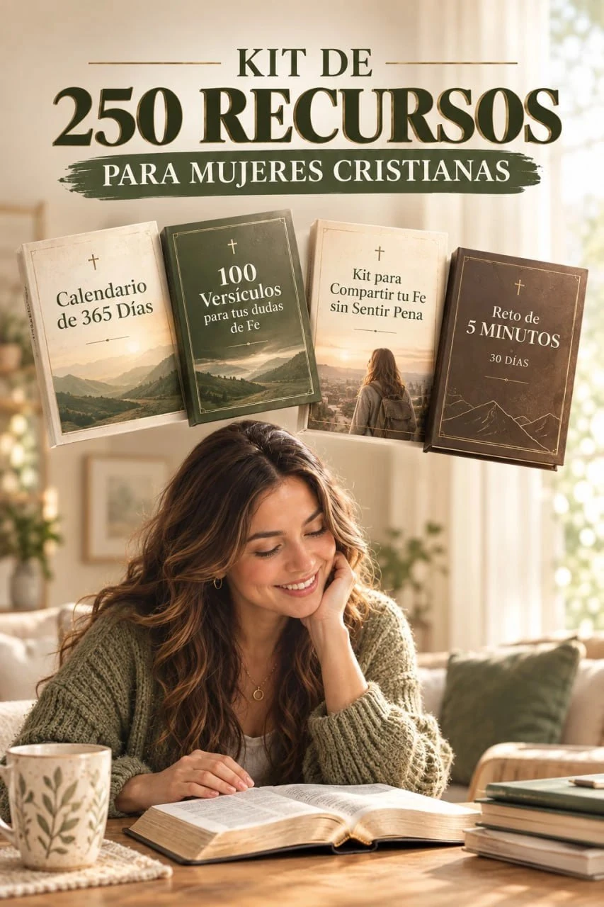 Kit de 250 recursos para mujeres cristianas con sus 4 bonos: calendario de 365 días, 100 versículos, kit para compartir tu fe y reto de 5 minutos